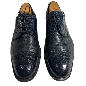 FORLI Genuine Crocodile Lizard Blue Cap Toe Oxford Lace Up Dress Shoes 10